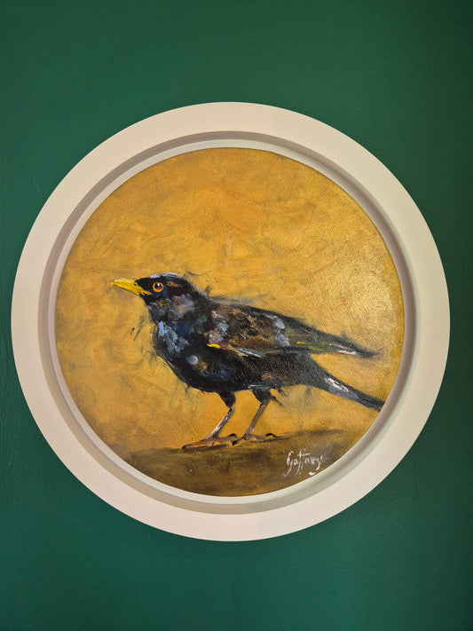 Wildlife Art Blackbird- Circular Original Oil Painting